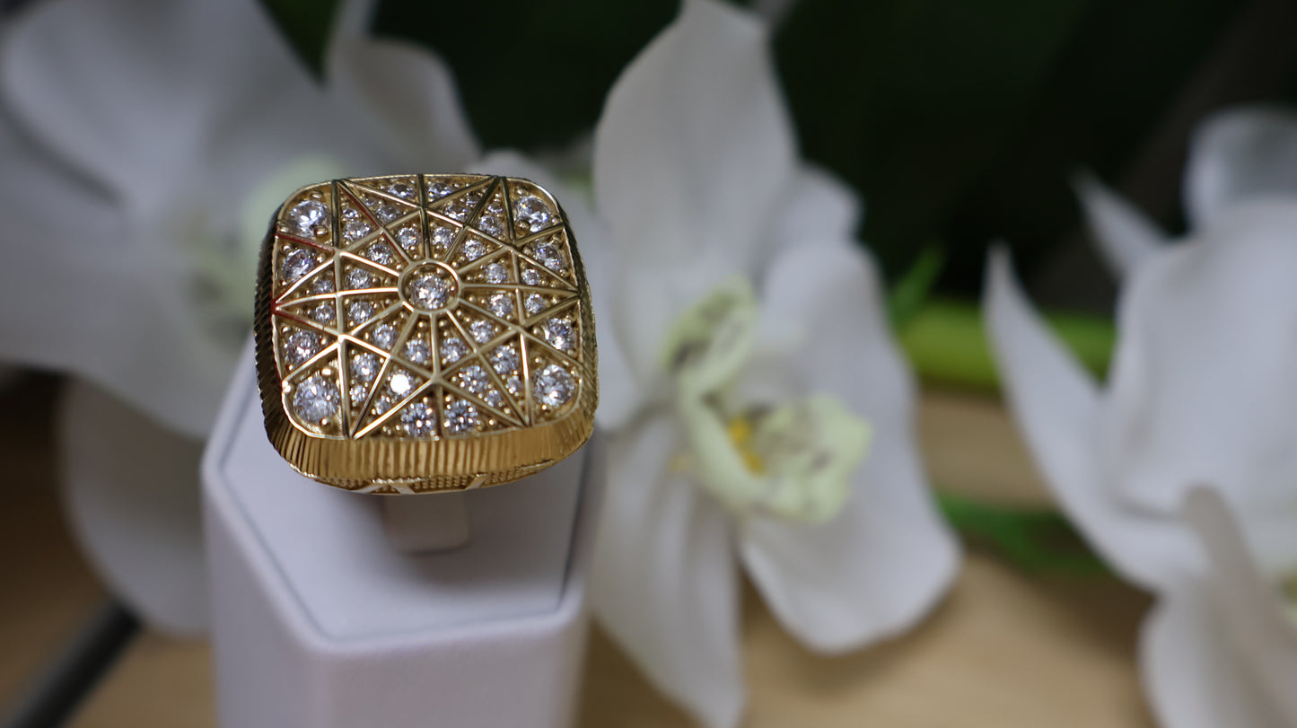 anillo 14k de hombre de roseta con sirconia en blanca