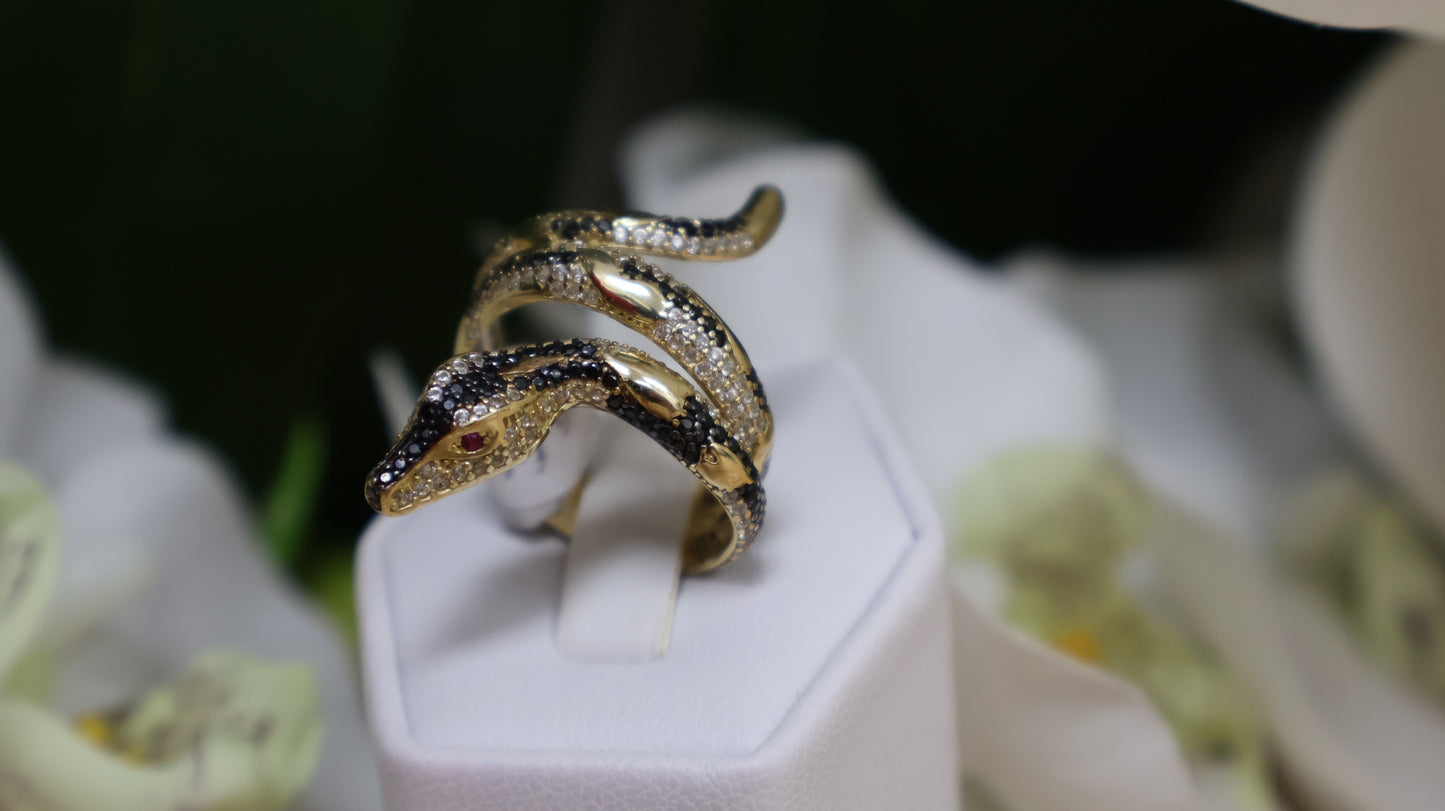 anillo de mujer 14k estilo serpiente negra y blanca