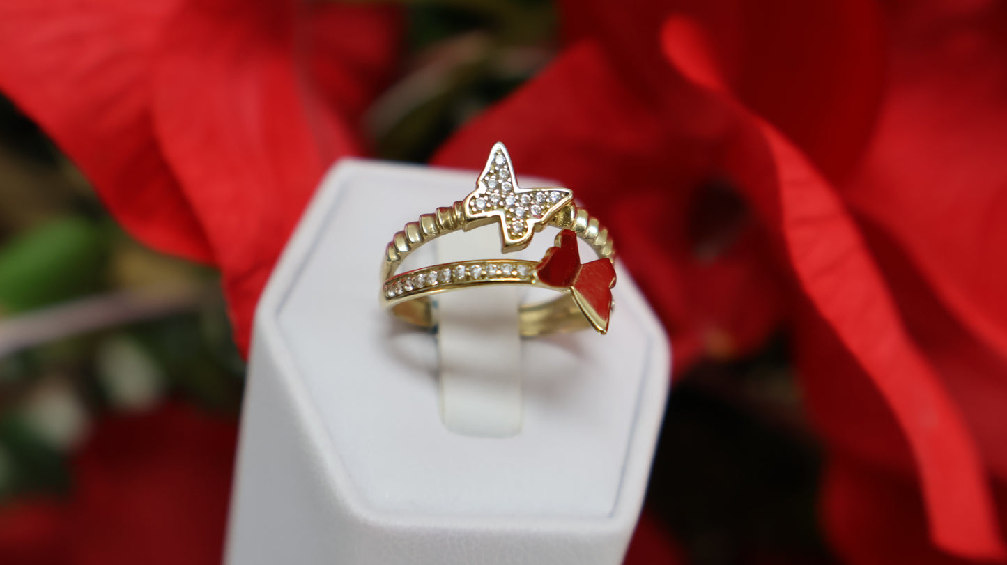 anillo de mujer 10k con dos maripoza y circonia