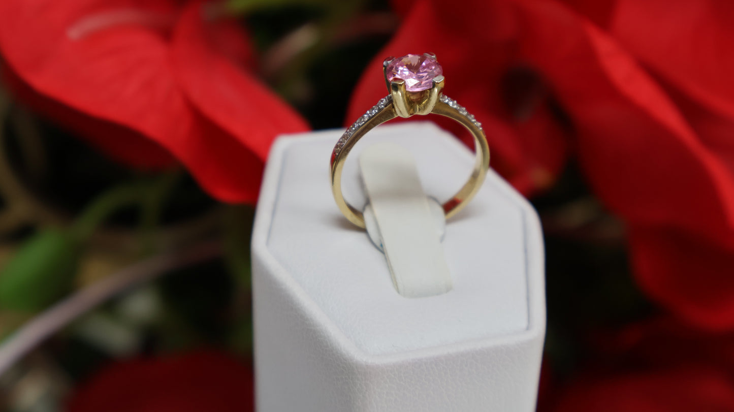 anillo de mujer 10k con piedra rosada y blanca