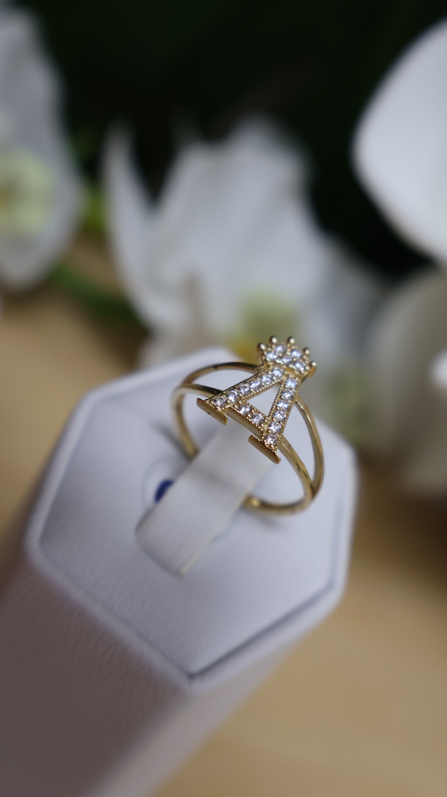 anillo de letra con circonia y corona de mujer en oro 14k medianos