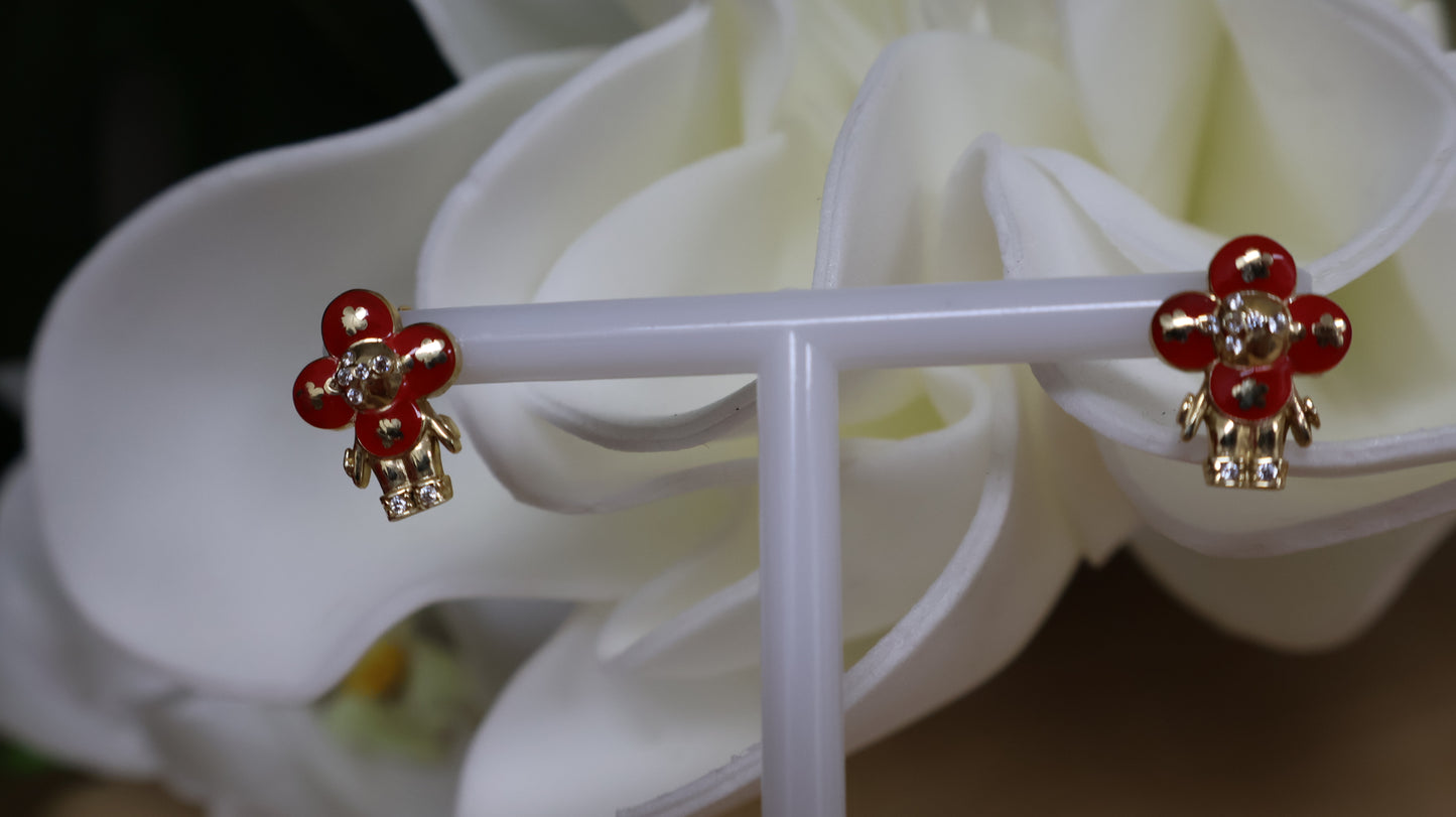 Arete de mujer con muneca rojo en oro 14k