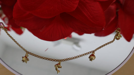 Manilla para ninas con colgantes de un delfin , una concha ,una estrellita y dos piedrita en oro de 10k