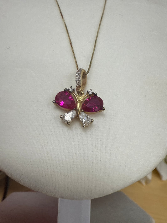 Disfruta de bello conjunto de cadena arete y dije con circonia en rojo para mujer de 14k