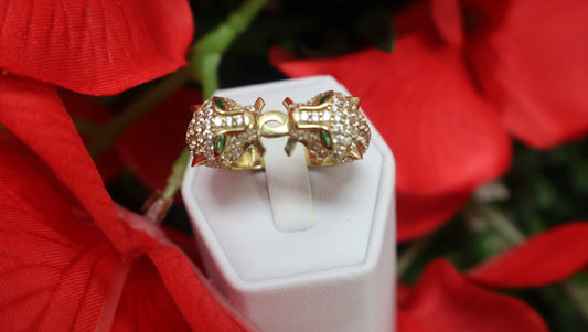 anillo de  dos leones de mujer  de oro 10k con sirconia