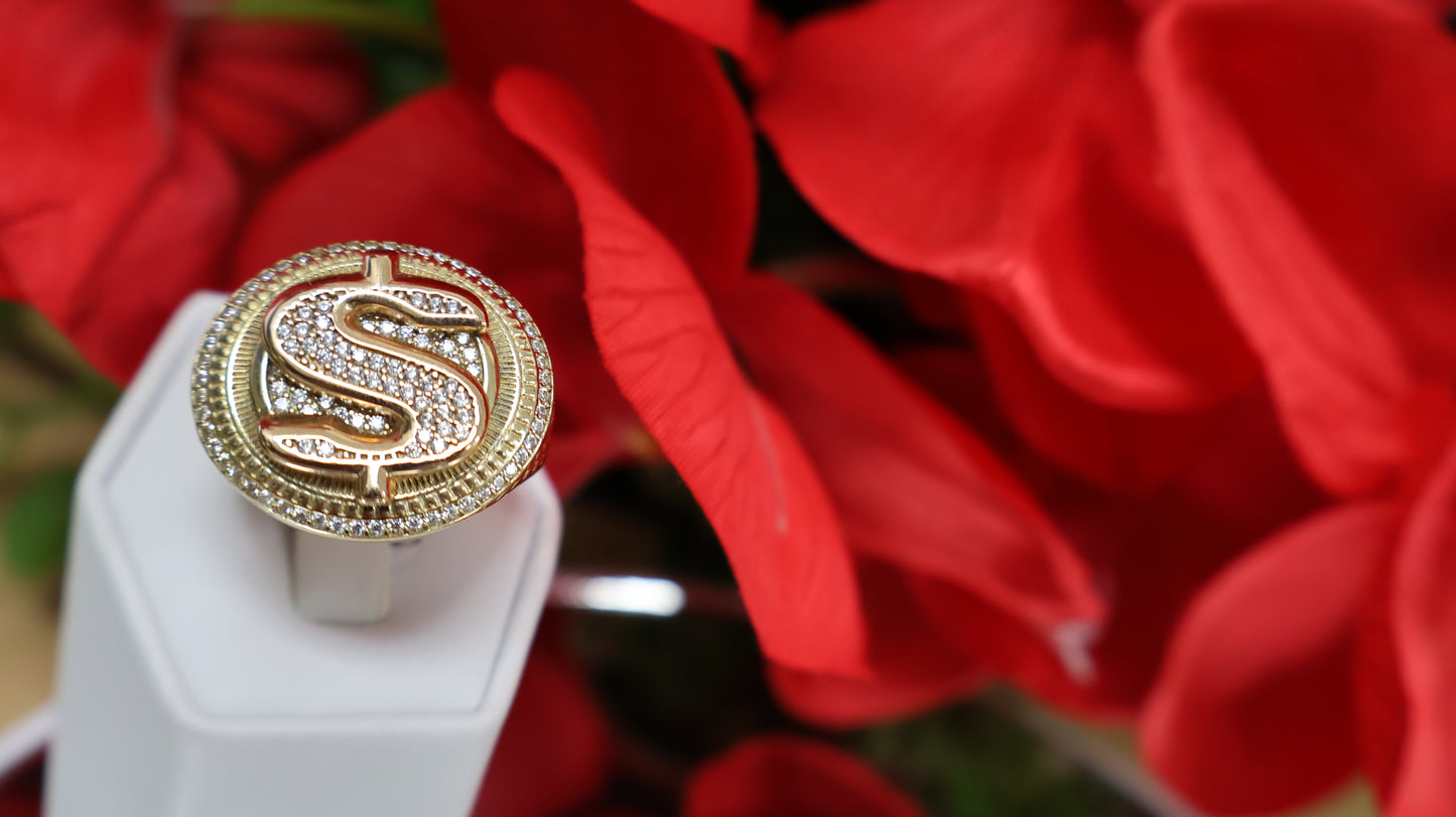 anillo de oro 14k de hombre con el signo de $ con sirconia en blancas