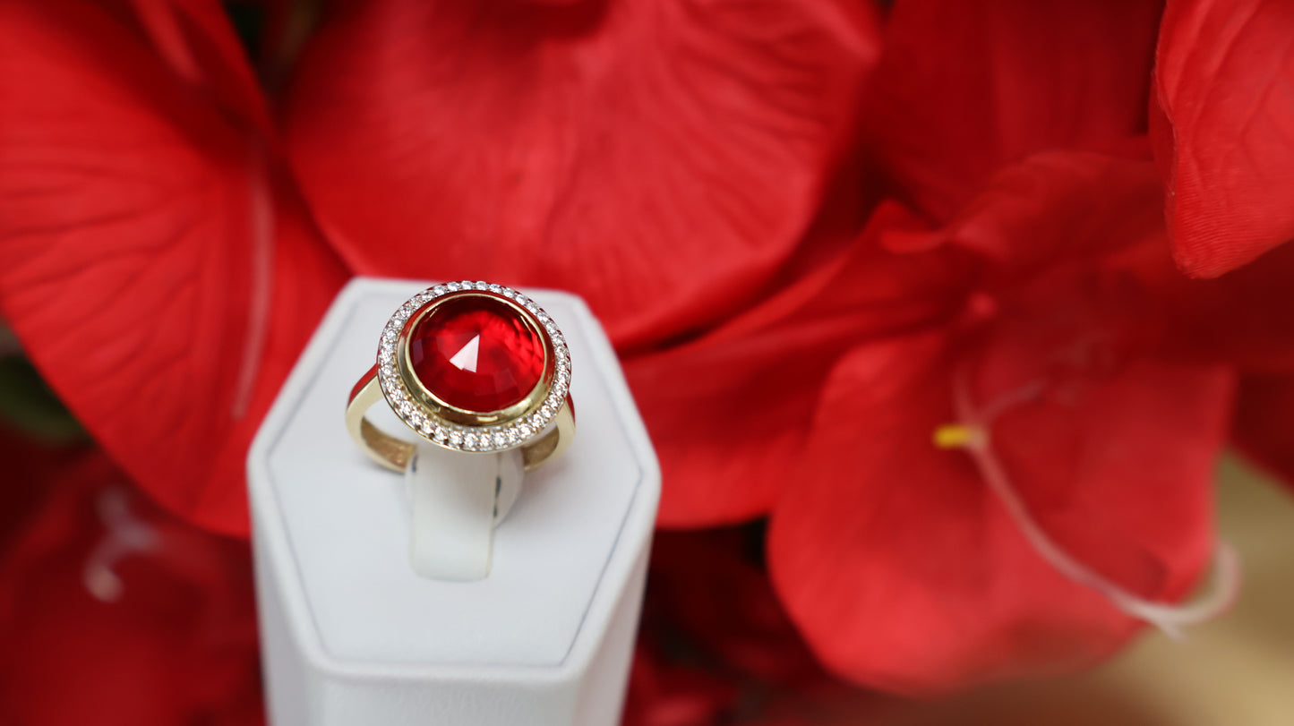 Anillo de mujer en oro 14k de piedra en roja y con sirconia en blanca