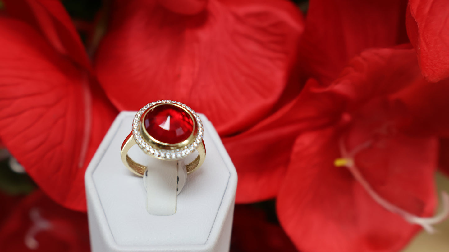 Anillo de mujer en oro 14k de piedra en roja y con sirconia en blanca