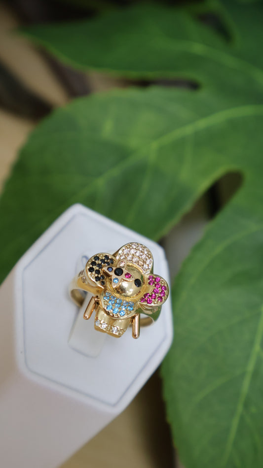 anillo de mujer 14k es  mobible se mueben las manito con  circonia ,negra, roja ,azul ,blanca.