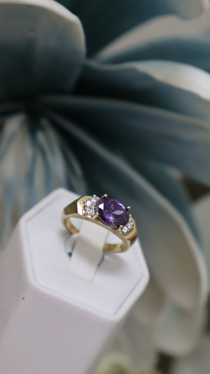 anillo de mujer 14k con piedra morada y circonia blanca