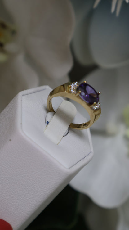 anillo de mujer 14k con piedra morada y circonia blanca