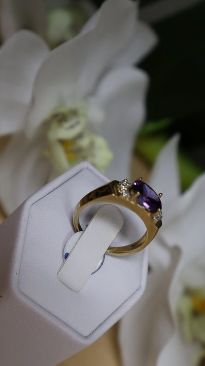 anillo de mujer 14k con piedra morada y circonia blanca