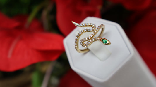 anillo de mujer 14k de serpiente ojo verde y sirconia