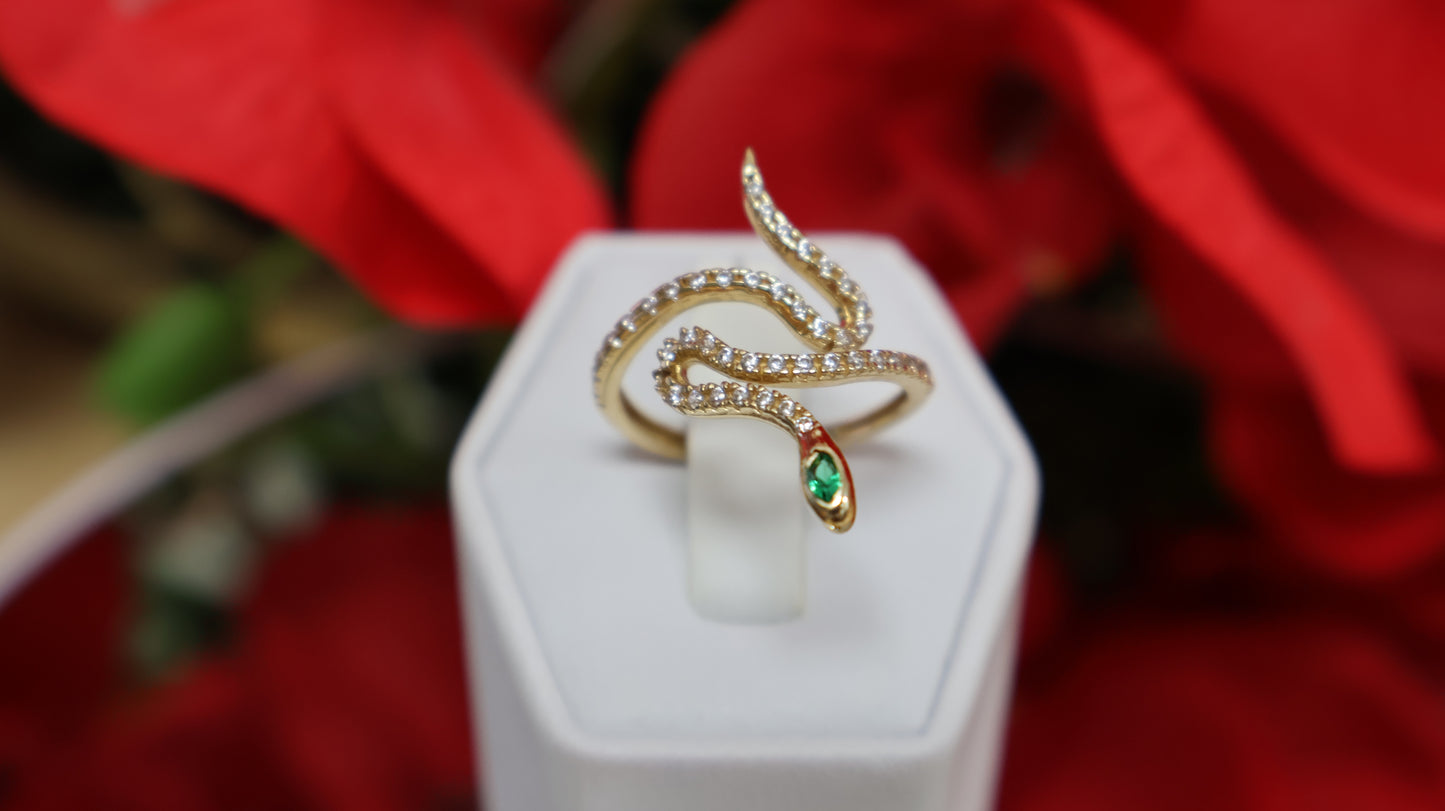 anillo de mujer 14k de serpiente ojo verde y sirconia