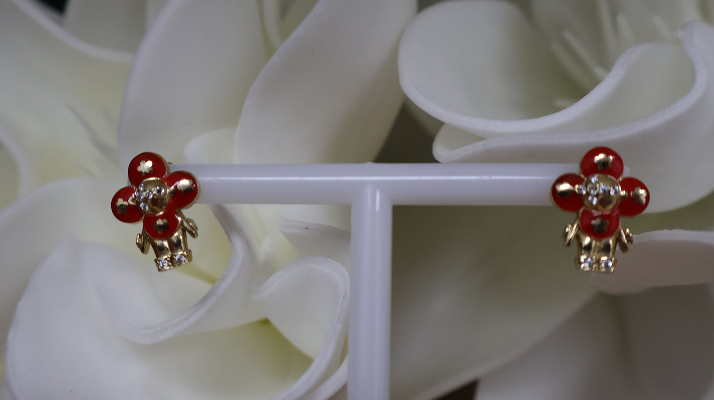 Arete  de mujer con muneca rojo en oro 14k