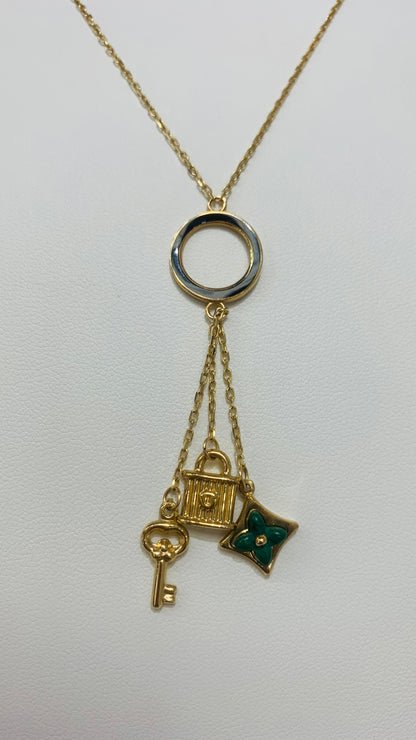 simple 14k gold chain with key and padlock pendant