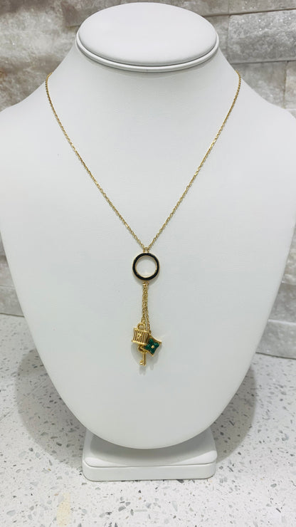 simple 14k gold chain with key and padlock pendant